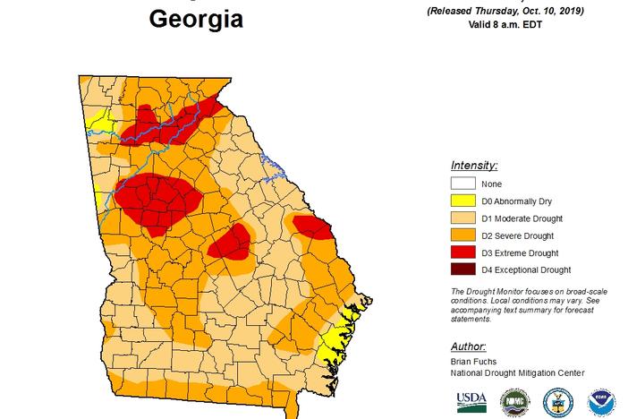 The drought monitor report for the Week of Oct. 8 shows pockets of 'extreme drought' in areas north and south of Atlanta, in central Georgia and near the South Carolina border.