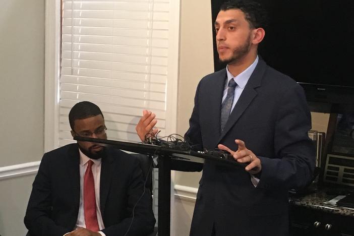 Edward Ahmed Mitchell (left) and Ibrahim Awad speak on behalf of the family of Shukri Said, who was shot and killed Saturday by Johns Creek police officers.