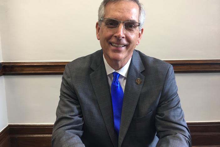 Georgia Secretary of State Brad Raffensperger sits in his office Tues. July 30, 2019.