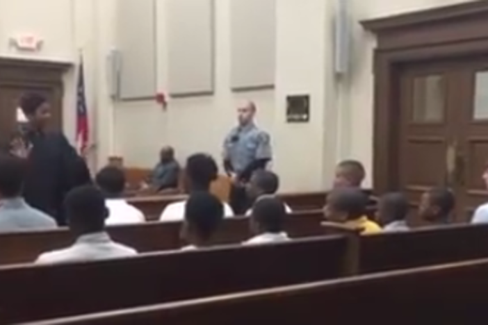 Judge Verda Colvin speaking to about 20 children in a Bibb County Courtroom (courtesy Bibb County Sheriff's Office)