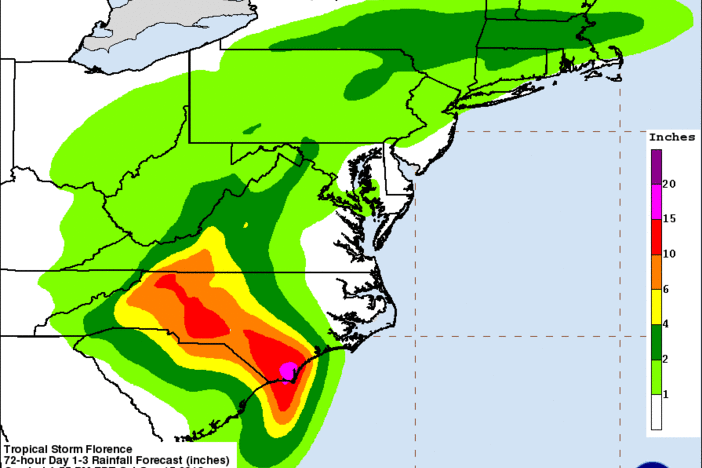 Predicted rainfall from Hurricane Florence. 