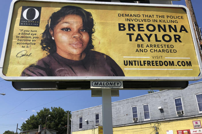 A billboard with a photo of Breonna Taylor, sponsored by <em>O, The Oprah Magazine</em>, is on display on Friday in Louisville, Ky. It's one of 26 billboards going up across the city demanding arrests in her shooting death.