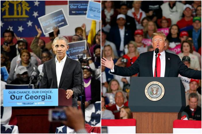 Left, Former President Barack Obama campaigns for Stacey Abrams in Atlanta. Right, President Donald Trump campaigns for Brian Kemp in Macon. 