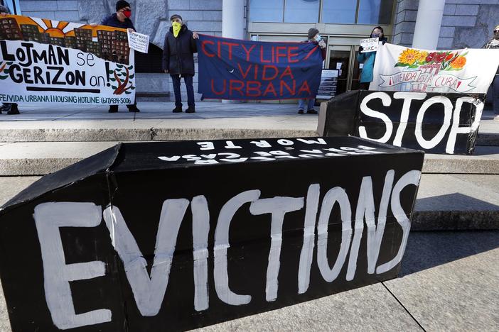 Tenants' rights advocates demonstrated in Boston in January, calling on the Biden administration to extend the CDC eviction moratorium.