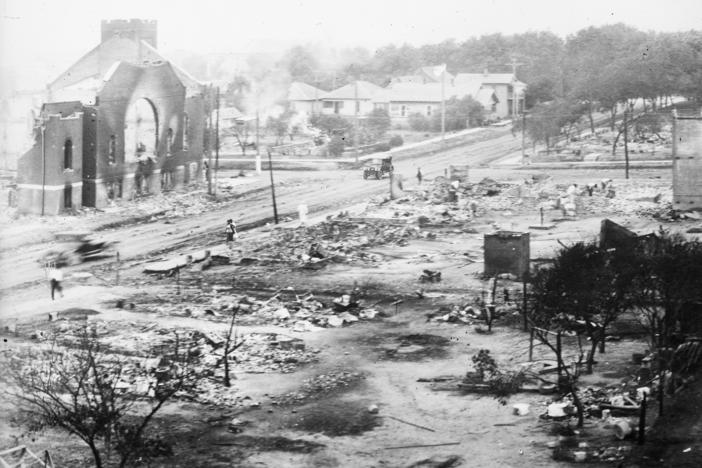Buildings were destroyed in a massive fire during the Tulsa Race Massacre when a white mob attacked the Greenwood neighborhood, a prosperous Black community in Tulsa, Okla., in 1921. Eyewitnesses recalled the specter of men carrying torches through the streets to set fire to homes and businesses.