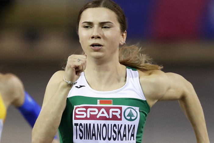 Krystsina Tsimanouskaya of Belarus competes in a heat of the women's 60 meters race at the European Athletics Indoor Championships at the Emirates Arena in Glasgow, Scotland, Saturday, March 2, 2019.