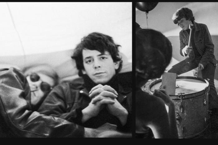 Paul Morrissey, Andy Warhol, Lou Reed and Moe Tucker from archival photography in a split-screen frame from "The Velvet Underground."
