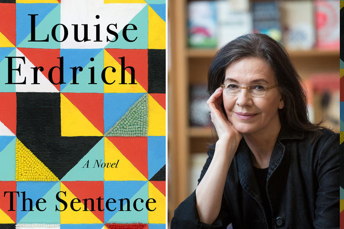 Author Louise Erdrich next the cover of her new book, <em>The Sentence.</em>