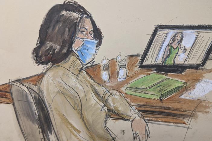 In this courtroom sketch, Ghislaine Maxwell is seated at the defense table while watching testimony of witnesses during her trial in New York.