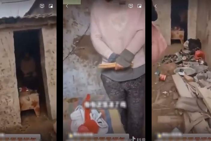 Above: Three screengrabs from the video showing a woman chained to a wall in a doorless shed in a rural village in China. It got nearly 2 billion views and has prompted a heated discussion about the trafficking of women.