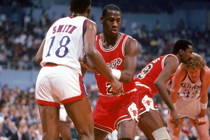 Michael Jordan, No. 23 of the Chicago Bulls, is seen in a game in 1984. An unused ticket from his first game as a Bull, Oct. 26, 1984, has sold for $468,000.