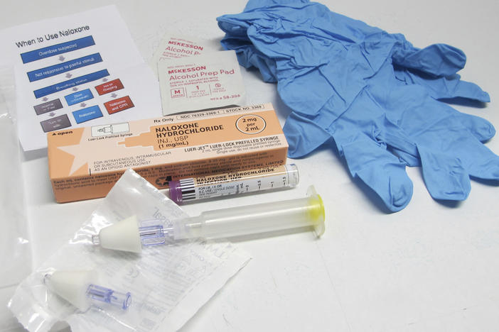 A drug overdose rescue kit is pictured in Buffalo, N.Y. The Biden administration plans to increase access to clean needles, fentanyl test strips and naloxone to combat drug overdose deaths.
