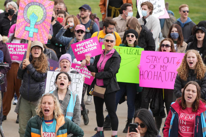 People gather Tuesday at the Utah State Capitol to rally in support of abortion rights in Salt Lake City.