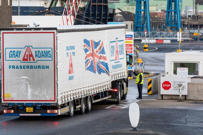 A truck arrives at Larne port in County Antrim, where a customs post has been established as part of the Northern Ireland Protocol, on November 29, 2021.