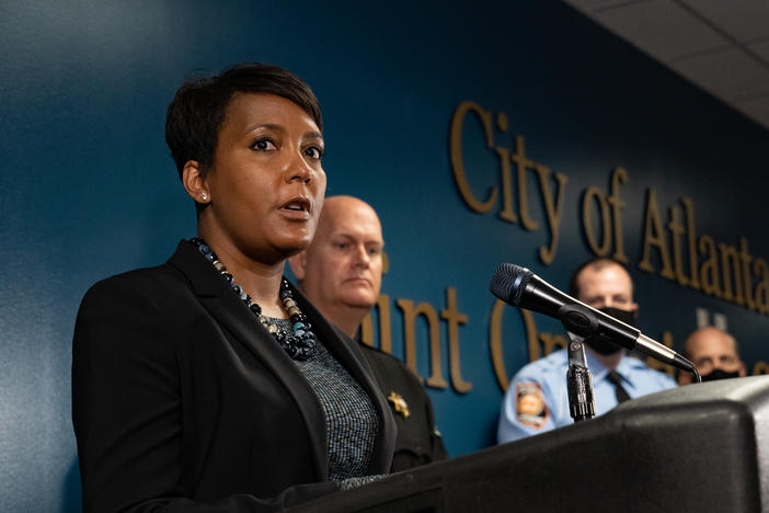 Then-Mayor Keisha Lance Bottoms speaks at a press conference on March 17, 2021, in Atlanta, Ga.