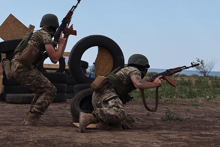 Service members of the 126th Separate Territorial Brigade of the Armed Forces of Ukraine take part in military exercises in the Odesa region on Wednesday.