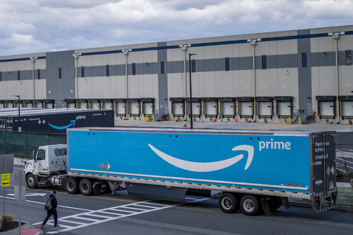 A truck arrives at the Amazon warehouse in Staten Island, N.Y., which became the company's first unionized U.S. facility in the spring.