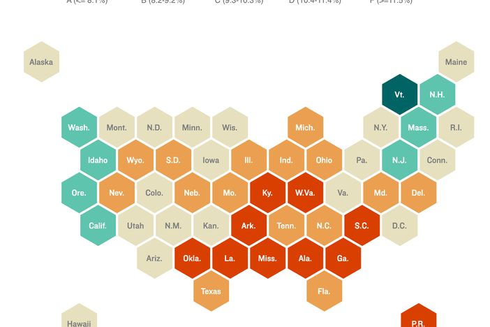 U.S. map shows most states score poorly on a grading system for pre-term births.