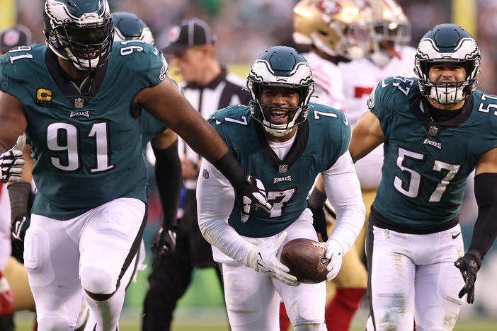 The Philadelphia Eagles' Haason Reddick, #7, celebrates after recovering a fumble in the NFC title game.