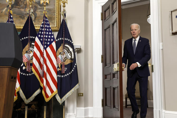 President Biden enters the Roosevelt Room on March 13 to talk about why the government backstopped all deposits at two failed banks.