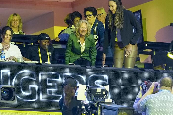 First Lady Jill Biden takes a her seat before the start of the NCAA Women's Final Four championship basketball game between LSU and Iowa Sunday, April 2, 2023, in Dallas.
