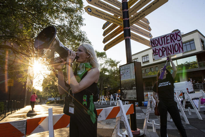 A group activists gathered outside the Tallahassee City Hall building to protest SB 300, which would place a ban on abortions after six weeks, Monday, April 3, 2023, in Tallahassee, Fla.