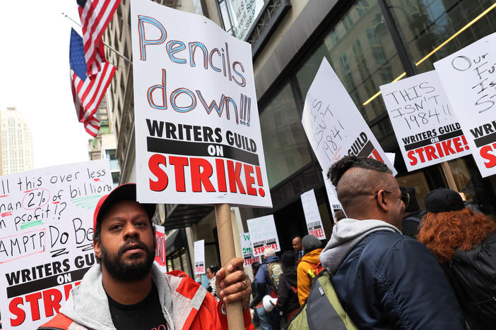 Members of the Writers Guild of America (WGA) East picketed outside of the Peacock NewFront on May 2, 2023 in New York City as the WGA strike began.