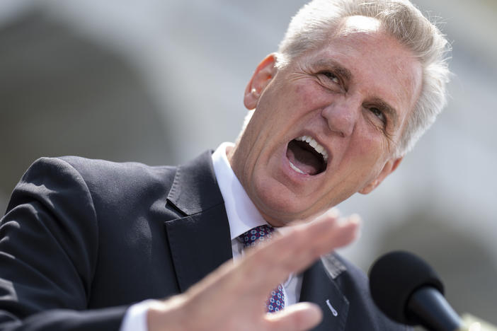 FILE - Speaker of the House Kevin McCarthy, R-Calif., criticizes President Joe Biden's policies and efforts on the debt limit negotiations as he holds a news conference at the Capitol in Washington, Wednesday, May 17, 2023.