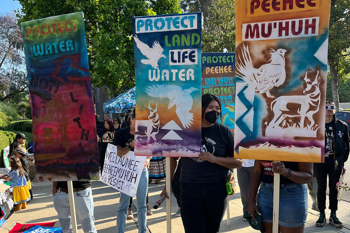 Activists protested what would be the country's largest lithium mine outside federal court in Pasadena, Calif., on Tuesday.
