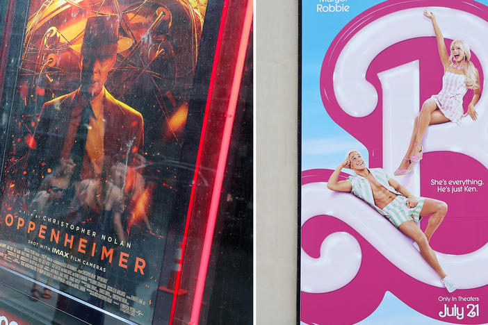 Posters advertise <em>Oppenheimer</em> and <em>Barbie</em> in New York and California, respectively. They both hit theaters nationwide on Friday.