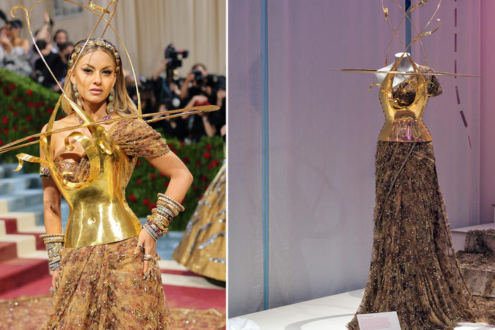Natasha Poonawalla, executive director of the vaccine-manufacturing Serum Institute of India, donned an haute couture sari for the 2022 Met Gala. The garment is on display at the museum show '"The Offbeat Sari" (pictured, right). The designer is Sabyasachi Mukherjee and the metal corset is by Schiaparelli.