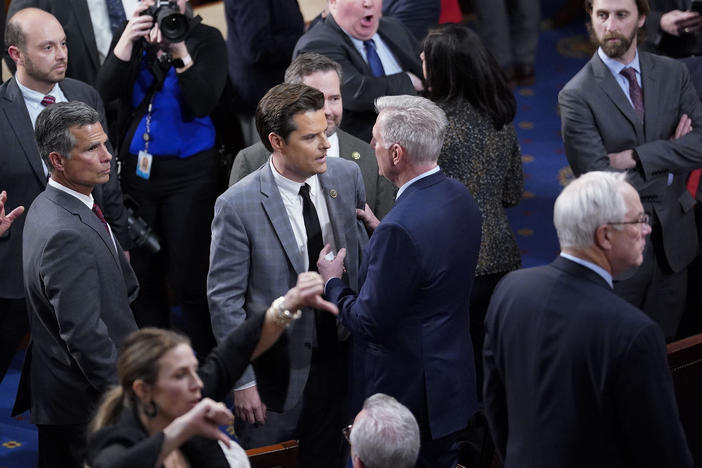 Rep. Matt Gaetz, R-Fla., speaks with Rep. Kevin McCarthy, R-Calif., on the House floor about the 14th round of voting for speaker on Jan. 6, 2023, at the U.S. Capitol.