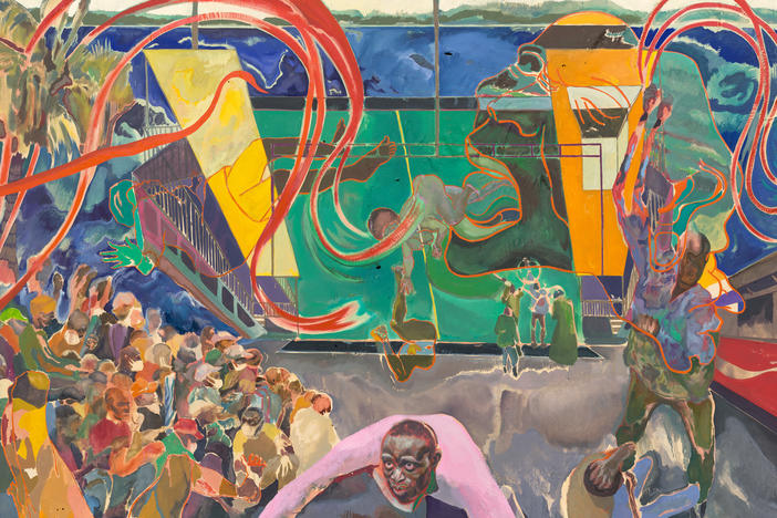 <em>Curfew (Likoni March 27 2020)</em> by Kenyan-British painter Michael Armitage,<em> </em>was inspired by an attack on ferry passengers by paramilitary police in Nairobi. The painting hangs in the Museum of Modern Art in New York.