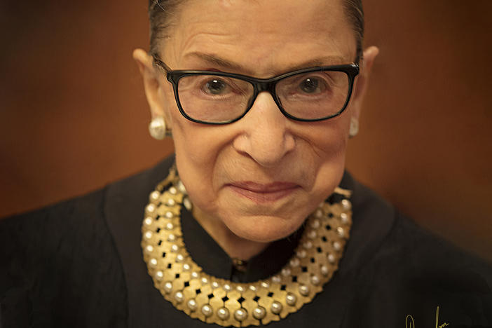Philip Bermingham, who is 6'4", shot this portrait of Supreme Court Justice Ruth Bader Ginsburg after crawling down to the ground below her, to make it easier for the diminutive Ginsburg to look directly into the lens.
