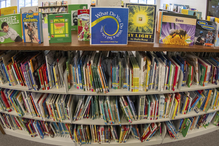 Books seen in an elementary school library in suburban Atlanta on Aug. 18. There have been a growing number of books pulled from school libraries in the past few years.