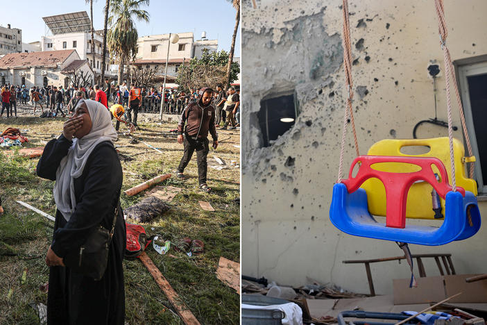 Left: A Palestinian woman cries at the garden of Al-Ahli Arabi Baptist Hospital after it was hit in Gaza City, Gaza on Oct. 18. Right: After an attack by Hamas on a kibbutz near the Gaza border, a swing is left intact while most of this family's house is in ruins. Five family members were kidnapped.