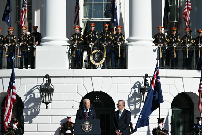President Biden welcomes Australia's Prime Minister Anthony Albanese during an official arrival ceremony at the South Lawn of the White House.