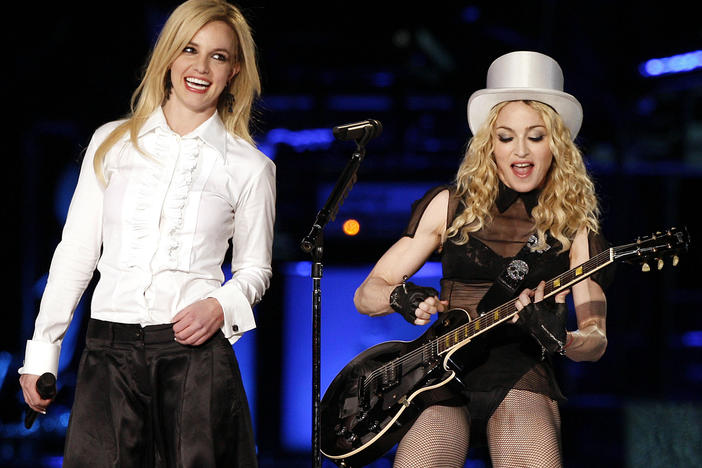 Britney Spears, left, joins Madonna for a guest appearance during one of Madonna's Los Angeles tour dates in 2008.
