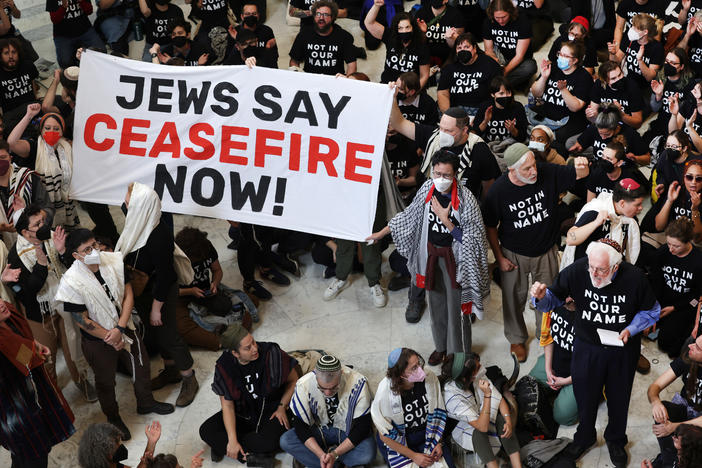 Members of the Jewish Voice for Peace and the If Not Now movement, two Jewish activist groups, stage a rally on Oct. 18 in Washington, D.C., to call for a cease-fire in the Israel–Hamas war.