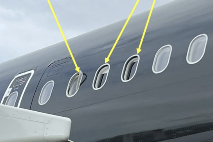 A photo included in the U.K.'s Air Accidents Investigations Branch special bulletin shows the location of one damaged and two missing window panes on an Airbus A321.