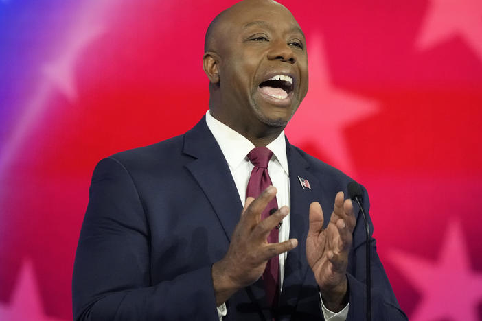 Sen. Tim Scott, R-S.C., speaks during a Republican presidential primary debate hosted by NBC News on Nov. 8. Just four days later, in a Fox News interview, Scott announced he is suspending his bid for the White House.