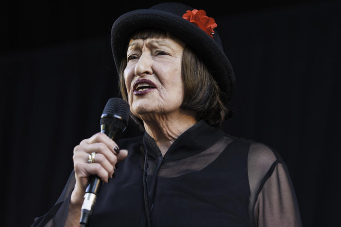 Jazz singer Sheila Jordan, then 84, performs at the 21st annual Charlie Parker Jazz Festival in New York City's Tompkins Square Park on Aug. 25, 2013.