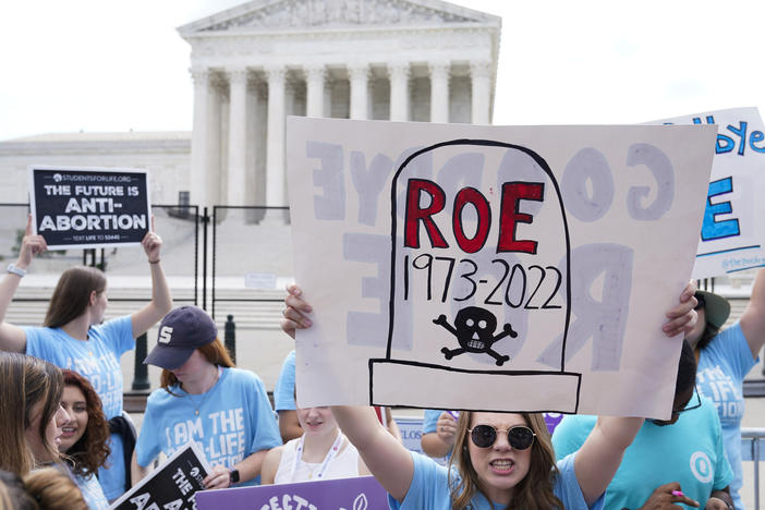 The scene at the U.S. Supreme Court on the day it overturned <em>Roe v. Wade</em> in June 2022. Researchers estimate that 64,565 rape-caused pregnancies have occurred in states that banned abortion since then.