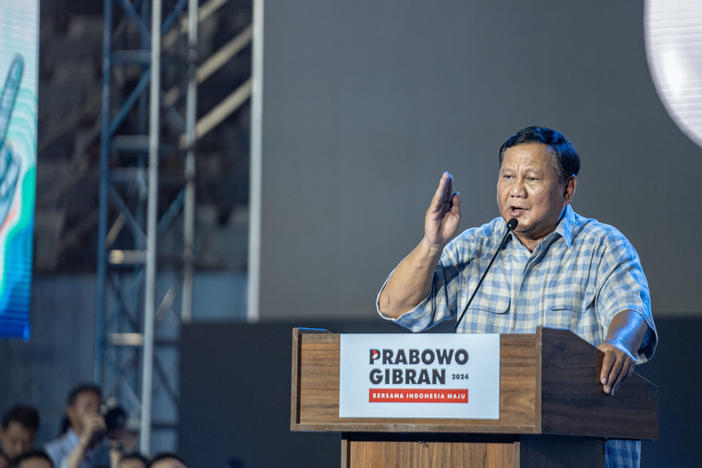 Indonesian presidential candidate Prabowo Subianto, the current defense minister, addresses supporters at an event Wednesday in Jakarta, Indonesia.