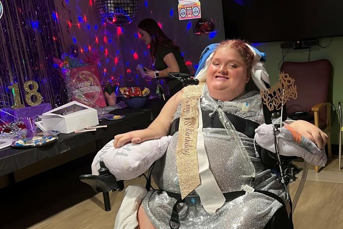 Alexis Ratcliff attends her 18th birthday party at the hospital in Winston-Salem, N.C. She is a quadriplegic who uses a ventilator and has lived at Atrium Health Wake Forest Baptist since she was 13.