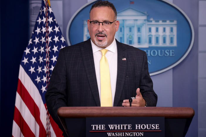 Secretary of Education Miguel Cardona answers questions during the daily briefing at the White House Aug. 5, 2021, in Washington, D.C.
