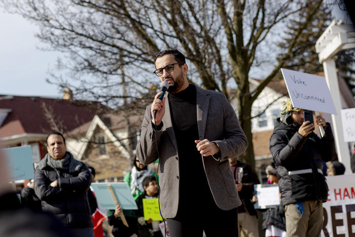 State Representative Abraham Aiyash speaks at a "Vote Uncommitted" rally on Feb. 25, 2024 in Hamtramck, Mich.