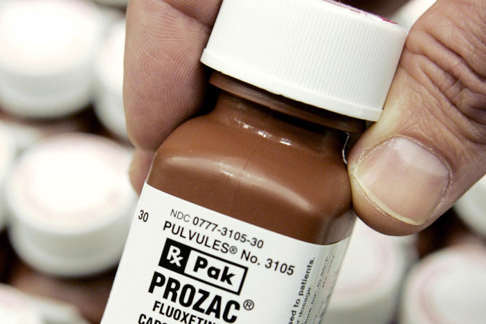 In this Jan. 11, 2008 file photo, a bottle of Eli Lilly & Co.'s Prozac is pictured at a company facility in Plainfield, Ind.