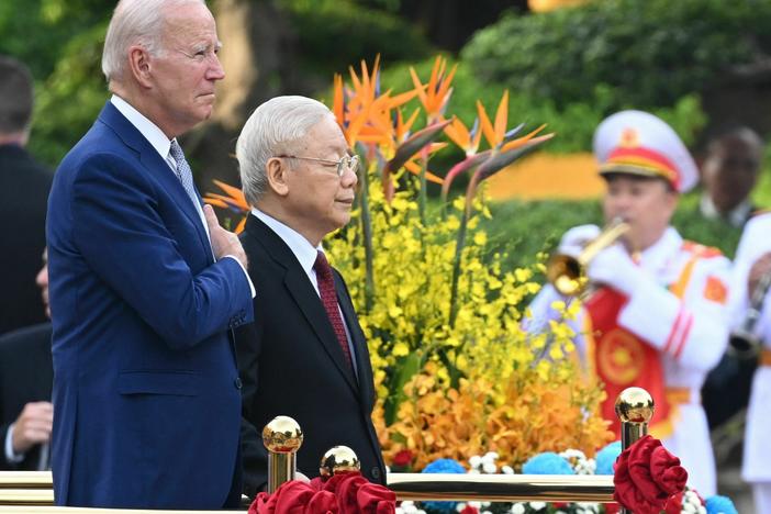 U.S. President Joe Biden attends a welcoming ceremony hosted by Vietnam's Communist Party General Secretary Nguyen Phu Trong at the Presidential Palace of Vietnam in Hanoi on Sept. 10, 2023.