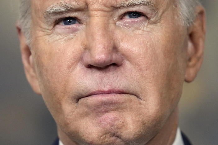 President Biden speaks to reporters about the special counsel report on his handling of classified documents in the Diplomatic Reception Room of the White House on Feb. 8.
